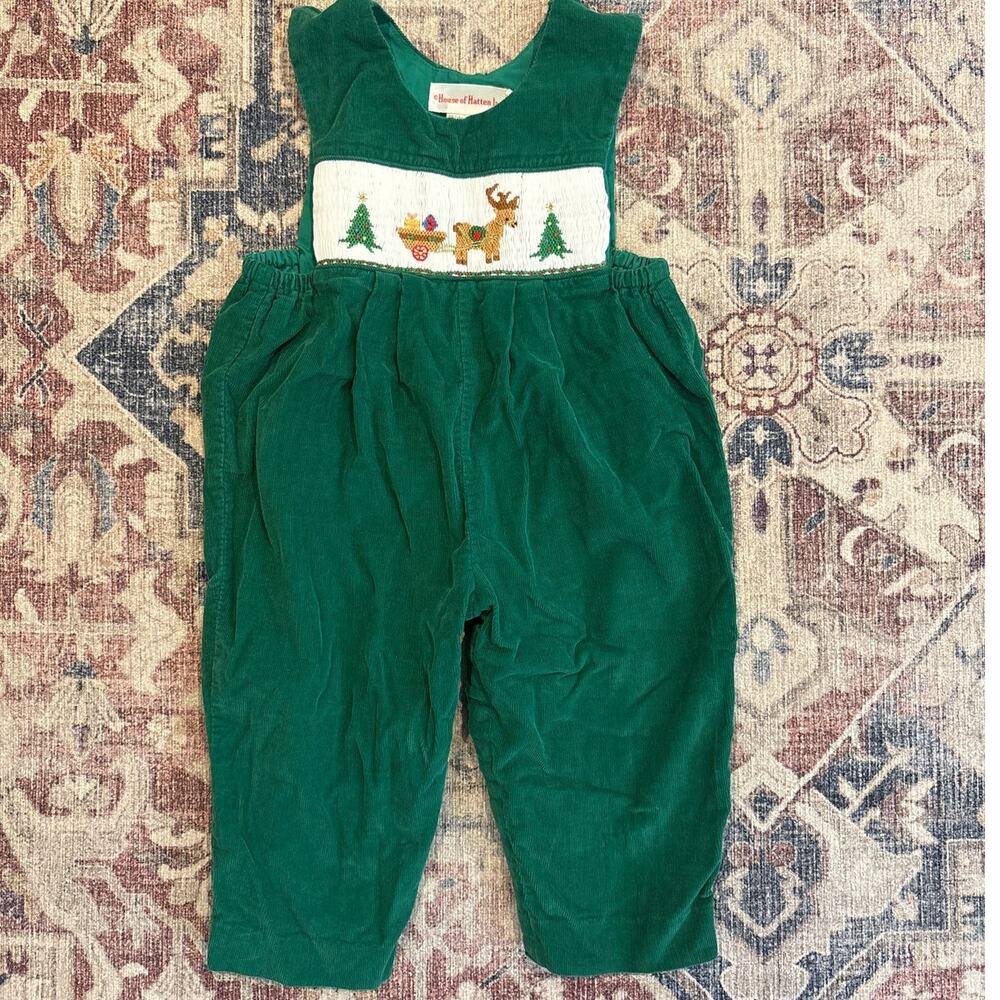 House of Hatten green corduroy Christmas tree smocked boys overalls‎ SIZE 12M
